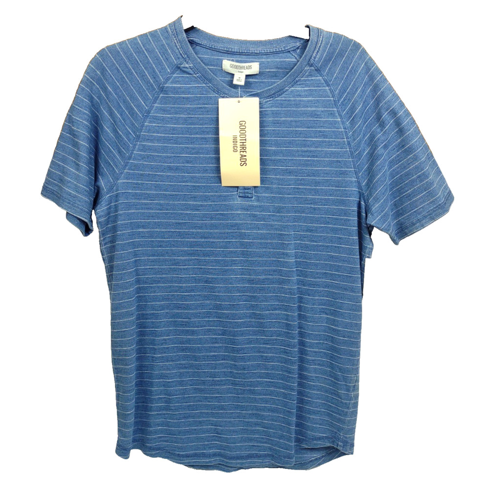 Goodthreads Soft Cotton Henley T Shirt Med Short Sleeve NWT Indigo Blue Stripes